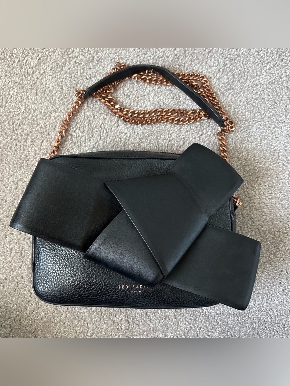 Ted Baker Black Leather Bow-Accent Shoulder Bag with Rose Gold Chain
